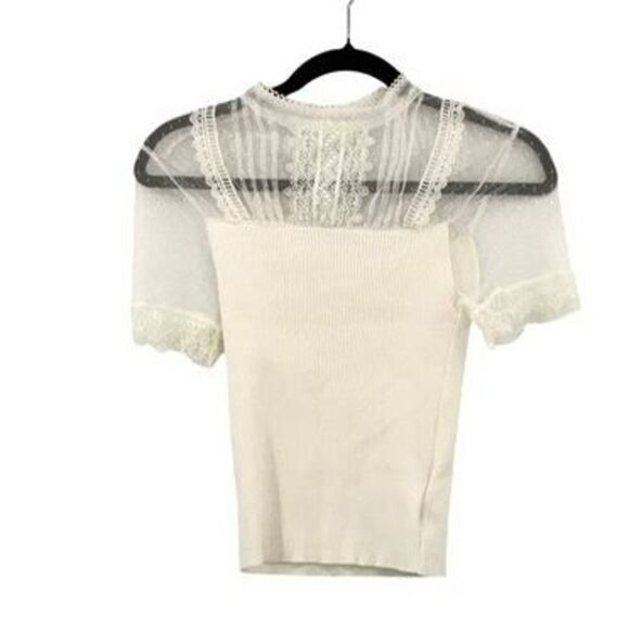 NWT Ete Belle Ribbed Lace Trim Sheer Short Sleeve Blouse White Size M - Picture 2 of 7